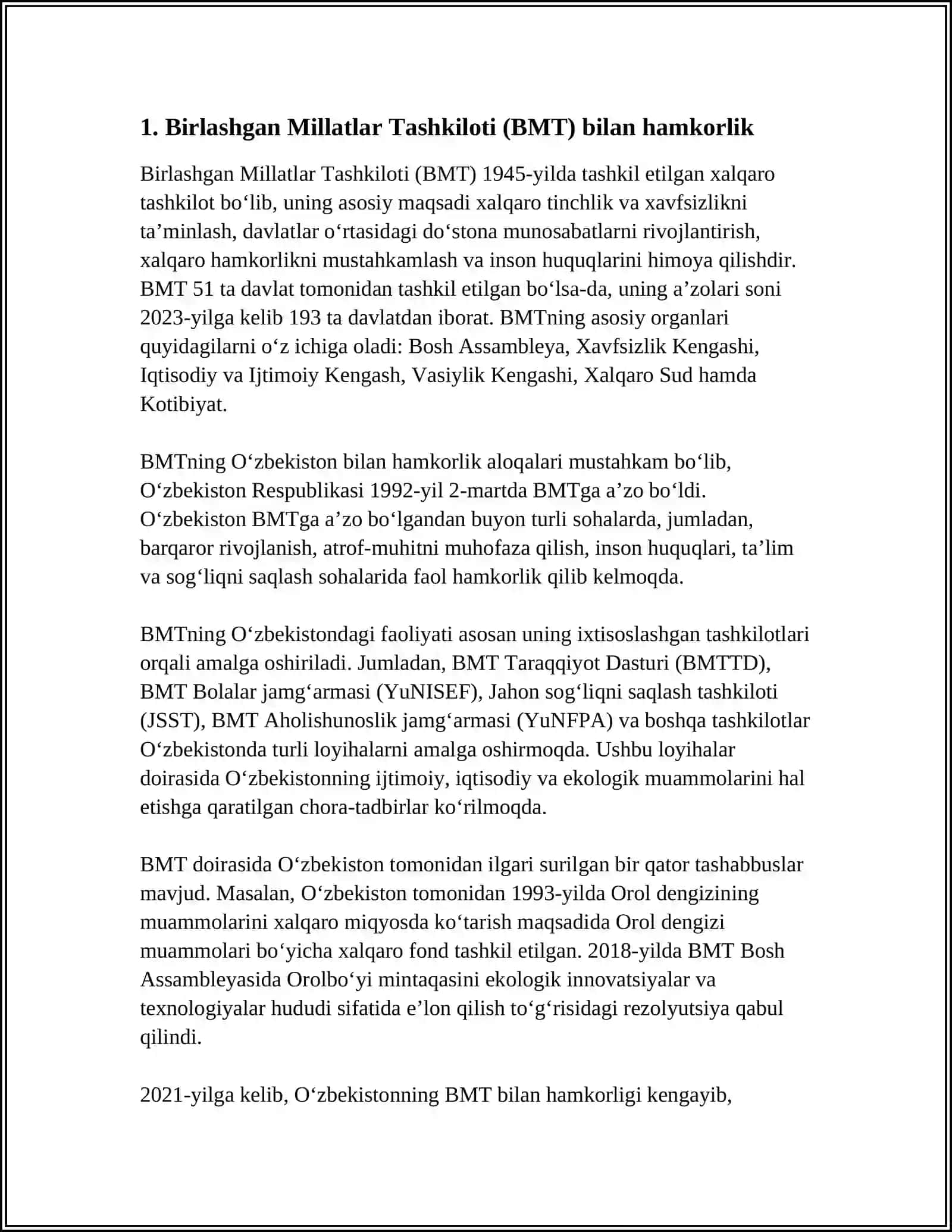 OʻZBEKISTONNING XALQARO TASHKILOTLAR BILAN HAMKORLIK ALOQALARI 4