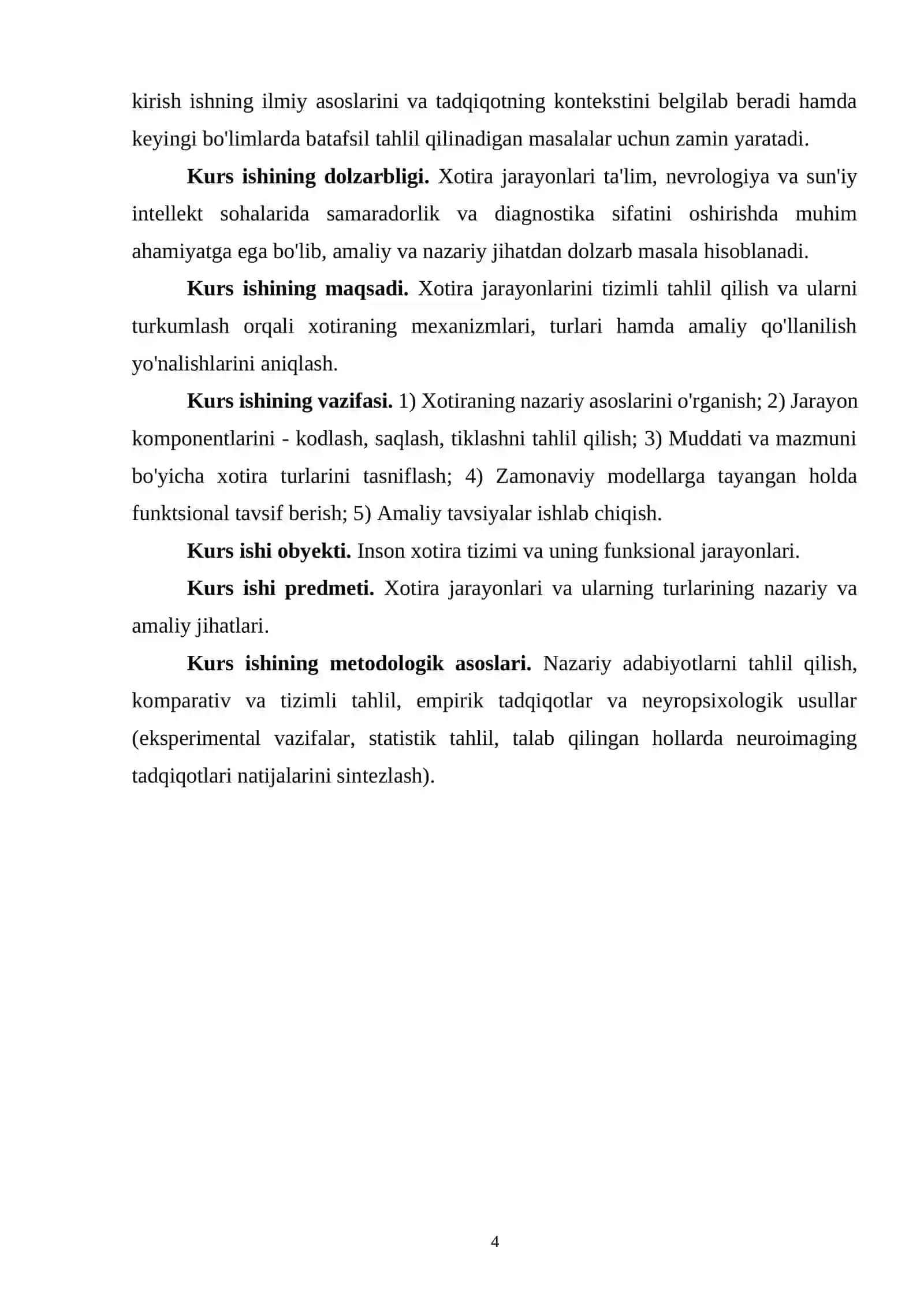 "XOTIRA JARAYONLARI VA TURLARI" MAVZUSIDAGI KURS ISHI 4