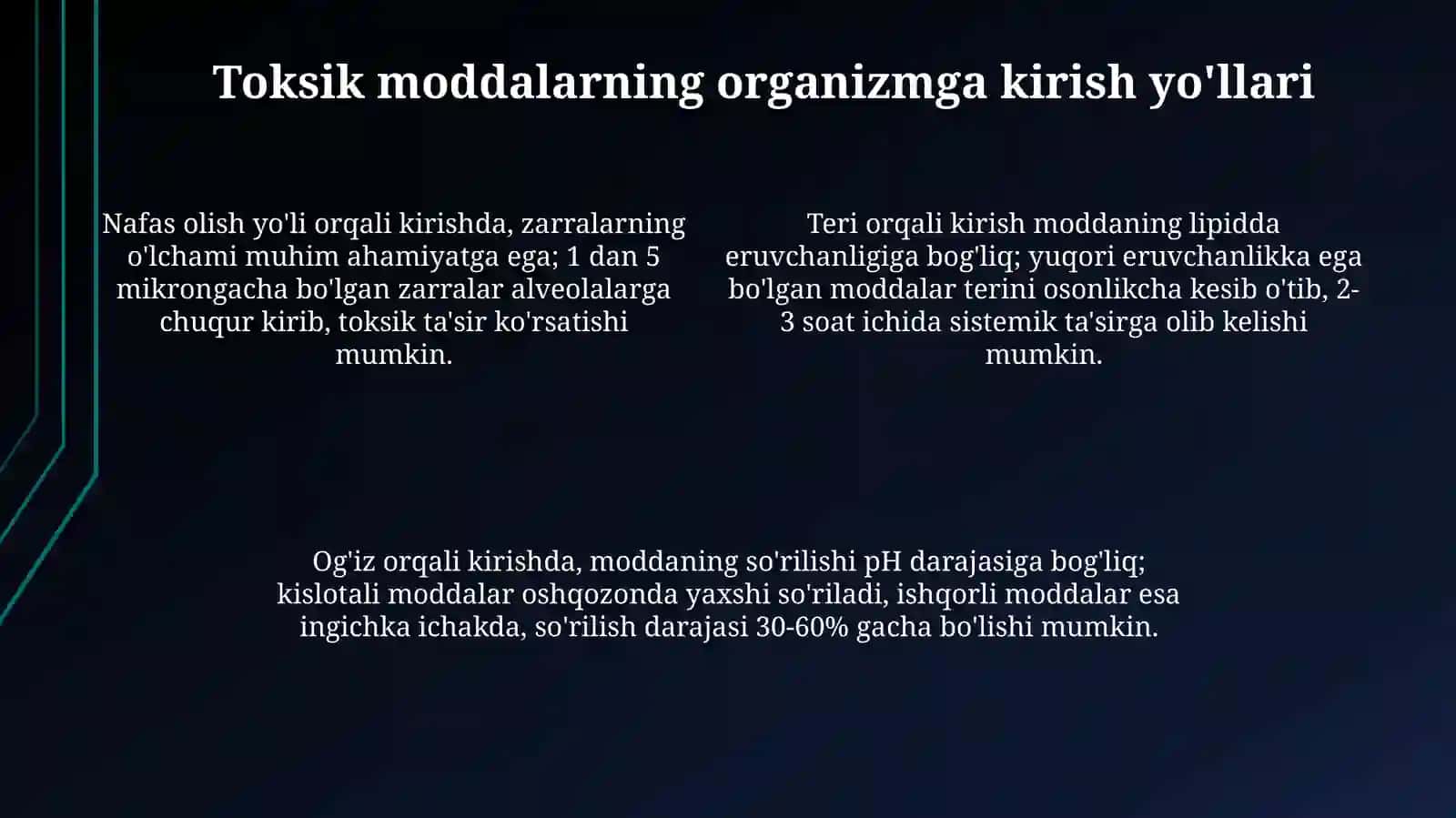 Toksik moddalarning xususiyatlari.Toksik moddalarning organizmgatushishyo’llari 4