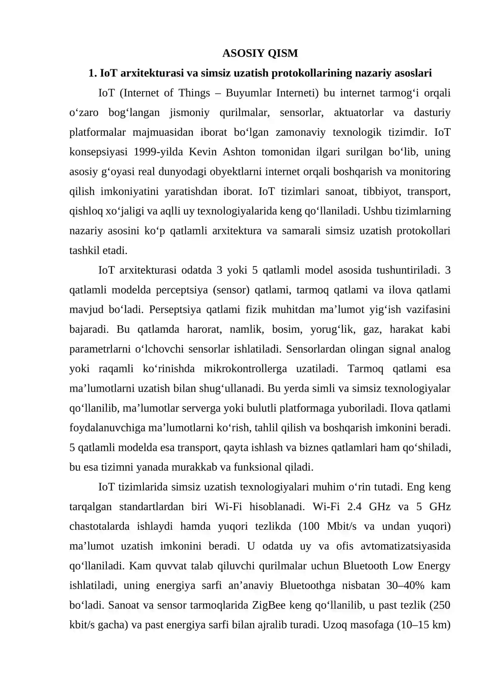 IoT arxitekturasi va simsiz uzatish protokollari. Arduino asosida Wi-Fi orqali boshqariluvchi aqlli uy moduli. 4