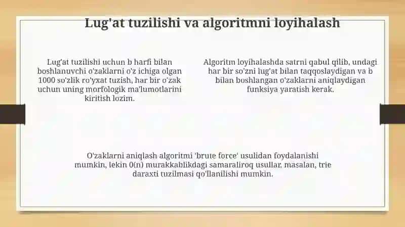 Oʻzbek tilida “B” harfi bilan boshlanuvchi oʻzak soʻzlarni aniqlovchi dastur 4