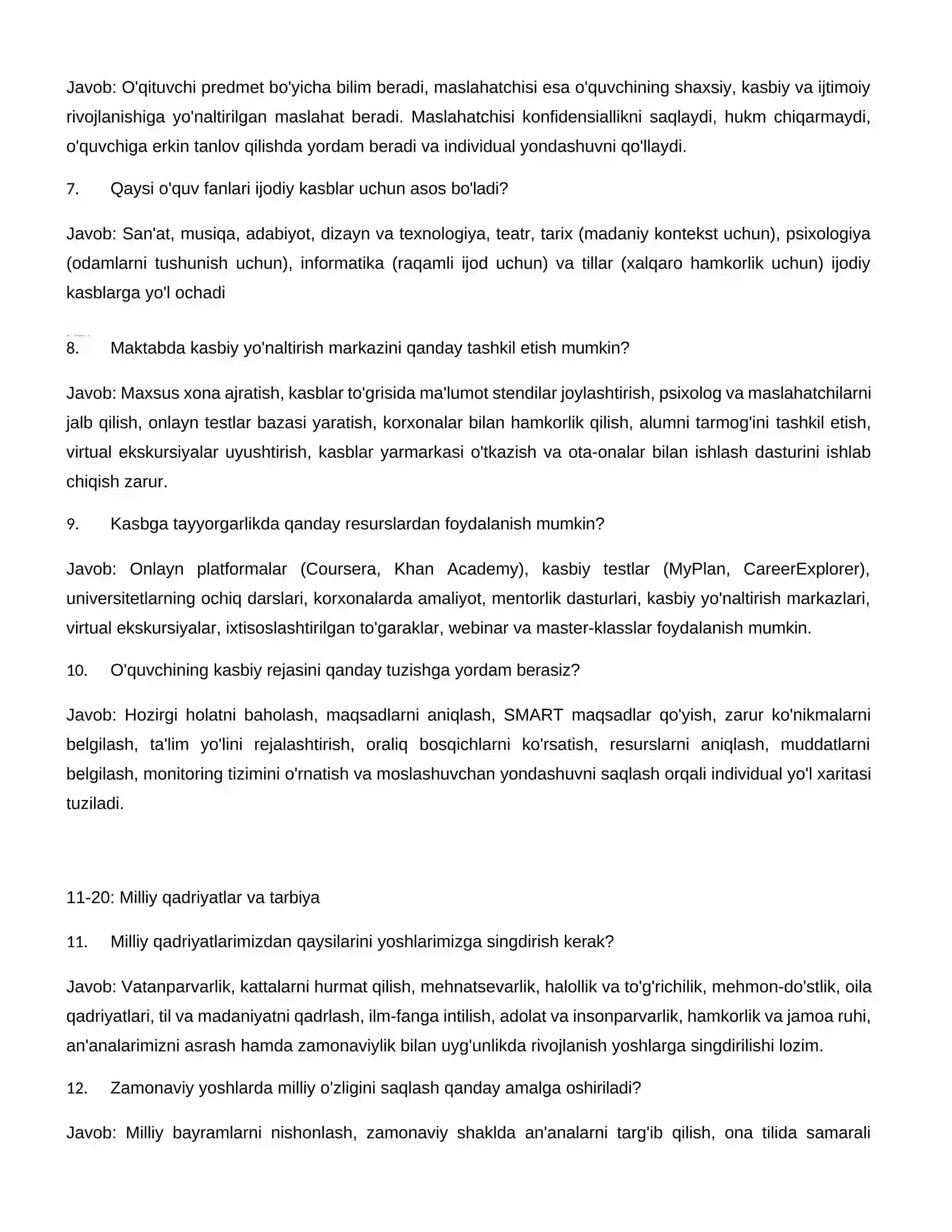 Maktab maslahatchisi lavozimi uchun imtihon savollari va javoblari 147 ta 4