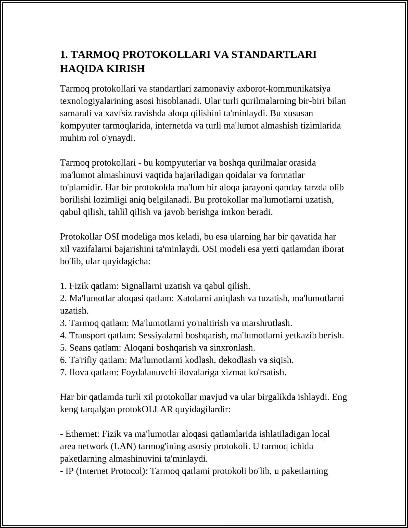 Tarmoq protokollari va standartlari: TCP/IP, OSI Model, Ethernet, Wi-Fi va boshqa asosiy protokollar va standartlar 4