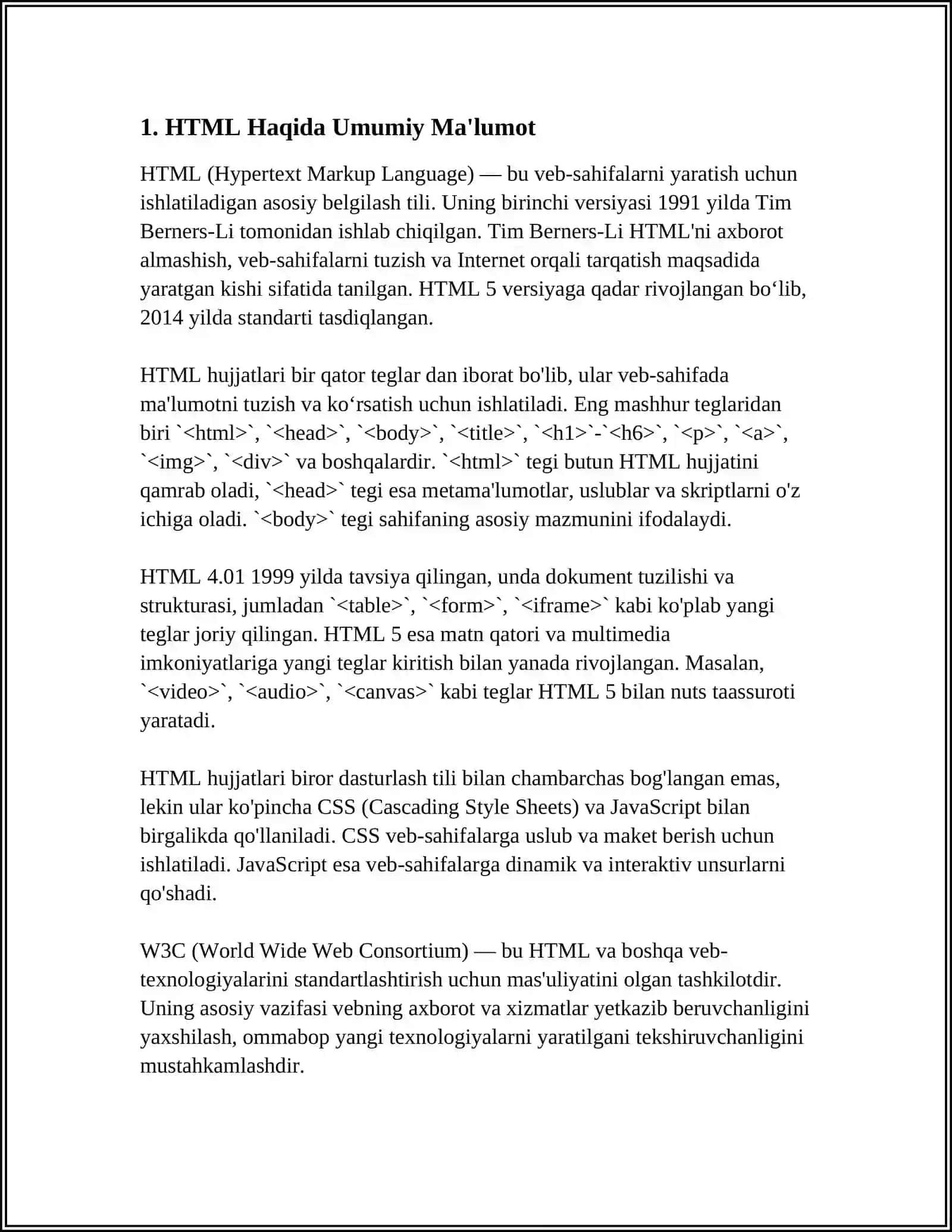 HTML TILIGA KIRISH, UNING ASOSIY ELEMENTLARI. TEG TUSHUNCHASI 4
