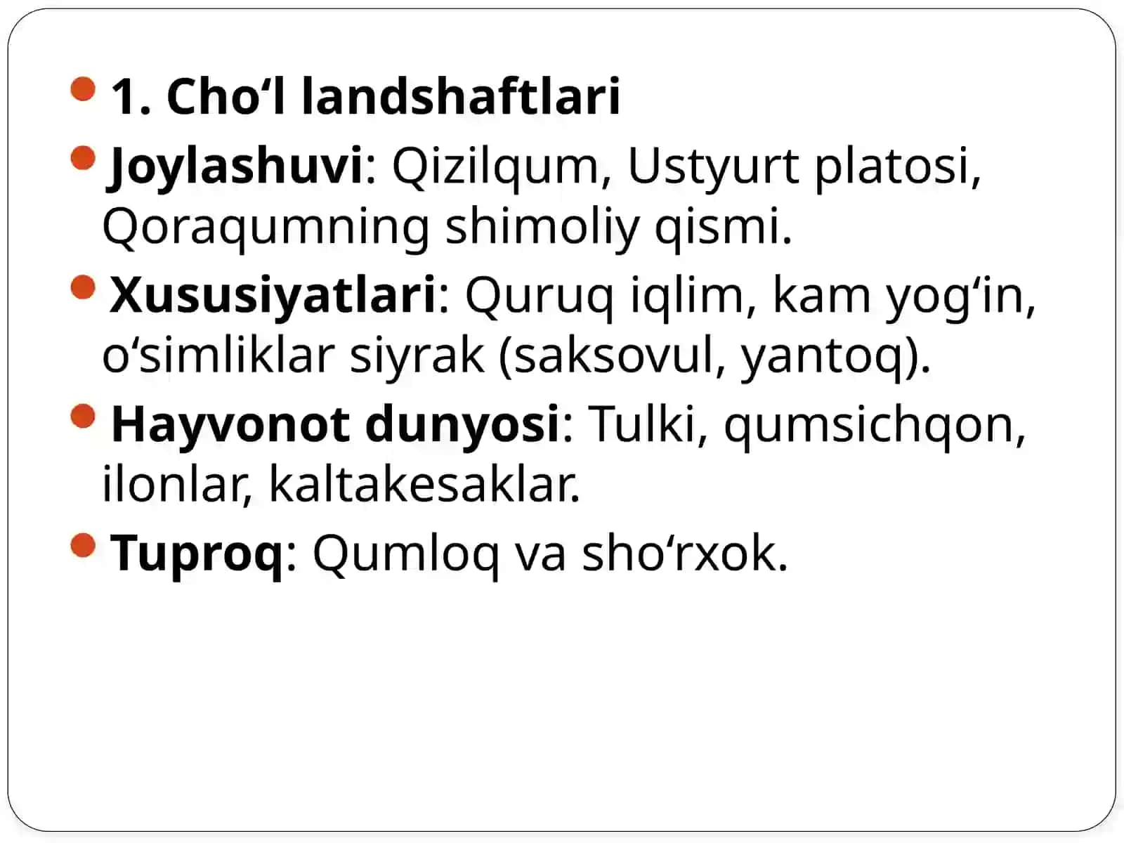 O‘zbekiston Respublikasi landshaftlari, tuproqlarining mintaqaviy tarqalishi va klassifikatsiyasi 4