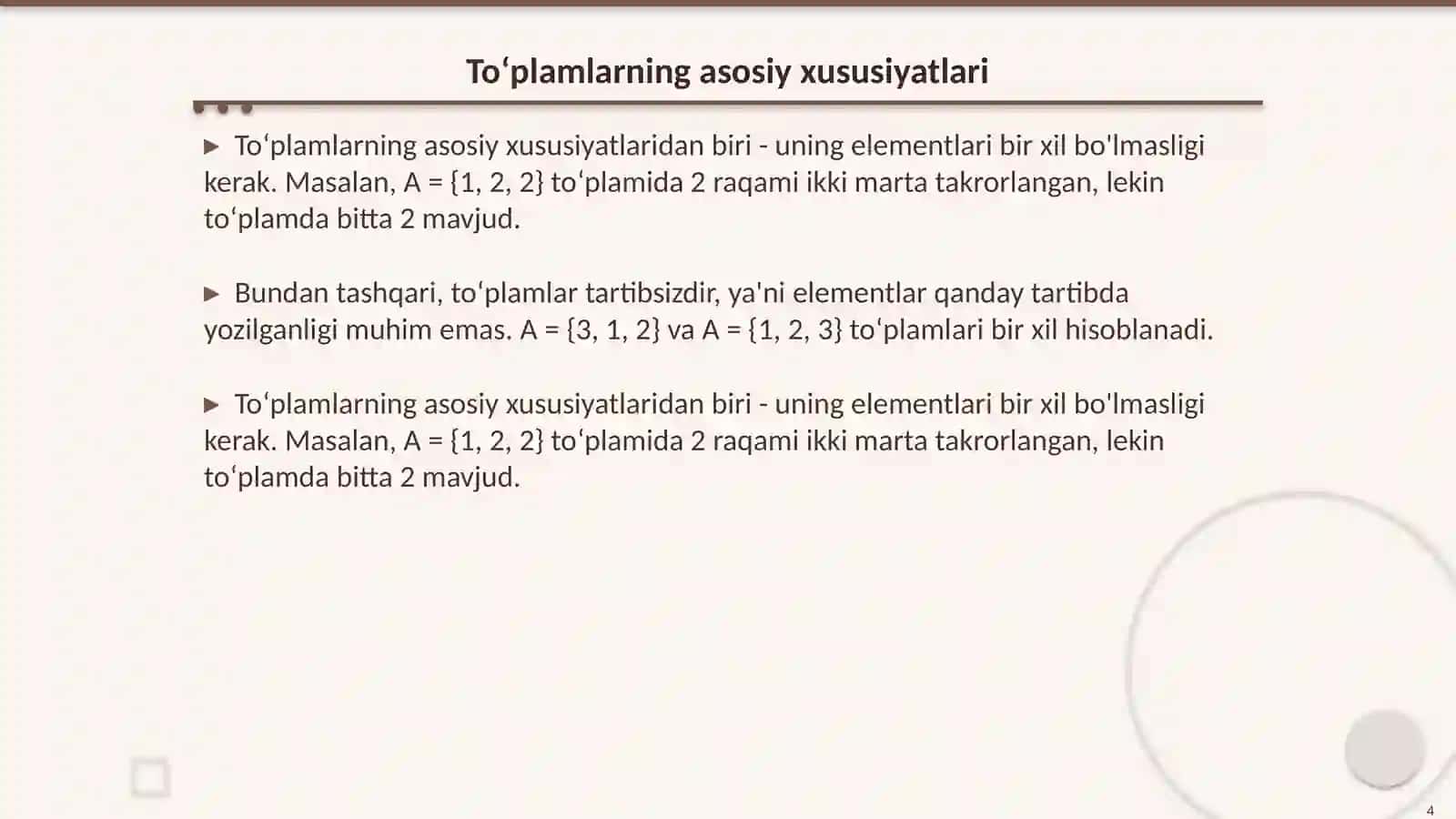 3 sinf matematika fanidan toʻplamlar mavzusiga dars ishlanma 4