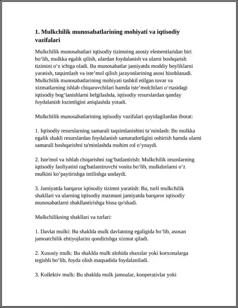 MULKCHILIK MUNOSABATLARI MOHIYATI, SHAKLLARI VA TURLARI 4