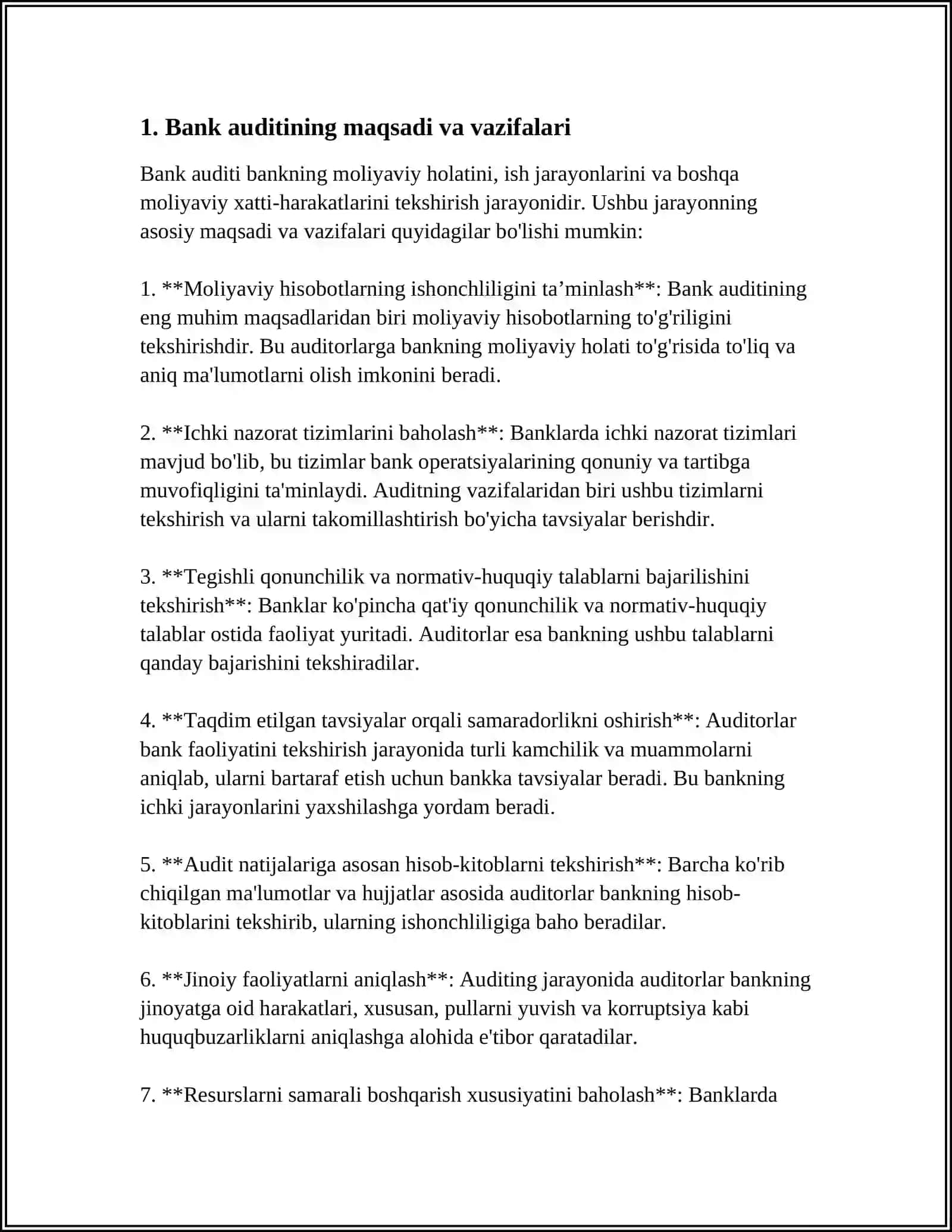 BANK AUDITI SOHASIDA AUDITORLIK FAOLIYATINI AMALGA OSHIRISH HUQUQINI LITSENZIYALASH REFERAT 4