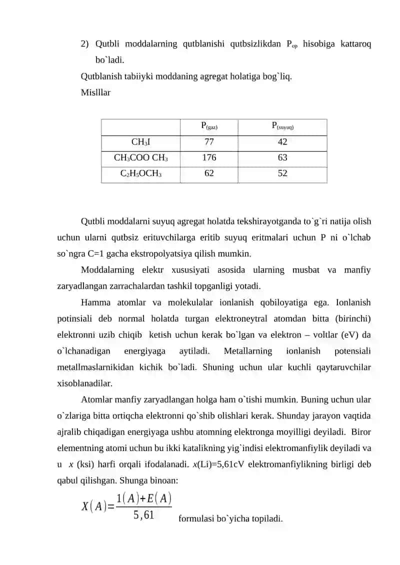 Molekulaning elektr xossalari. Qutblanuvchanlik va uning xillari. Refraksiya. 4