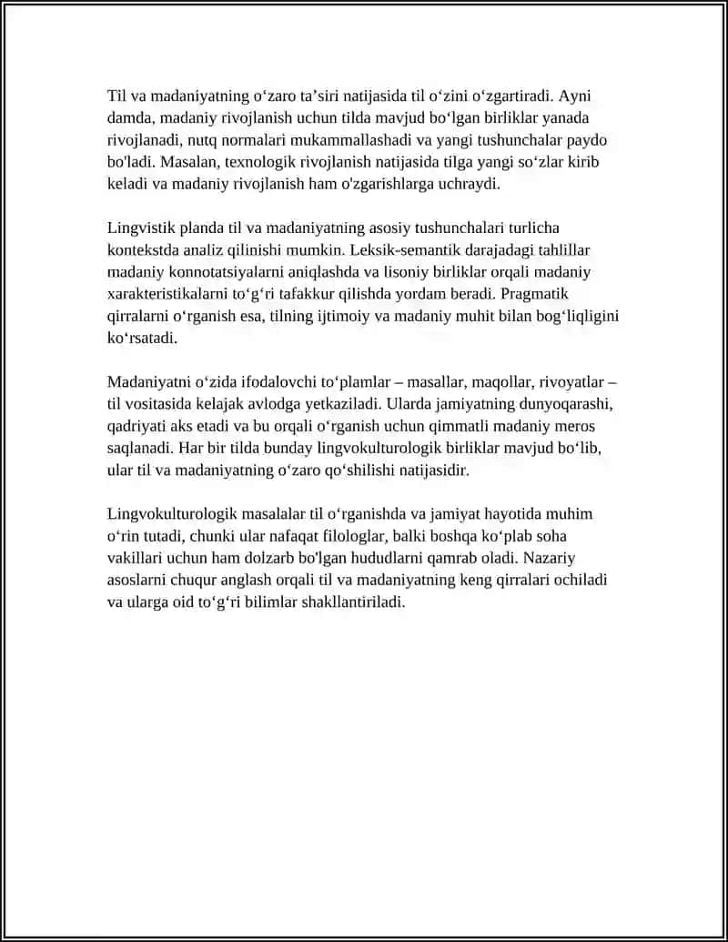 TIL VA MADANIYAT. LINGVOMADANIYATSHUNOSLIKNING OʻRNI VA AHAMIYATI 4