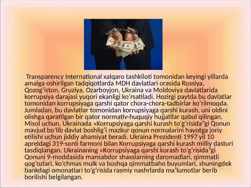O‘ZBEKISTONDA KORRUPSIYAGA QARSHI KURASHISH CHORA TADBIRLARI 4