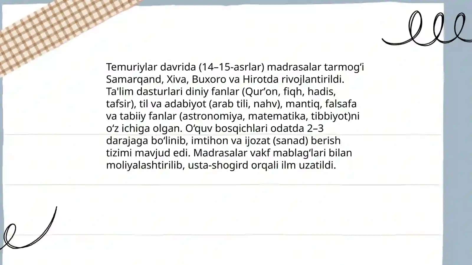 Amir Temur va Temuriylar davrida madaniyat taʼlim tarbiya masalalari 4