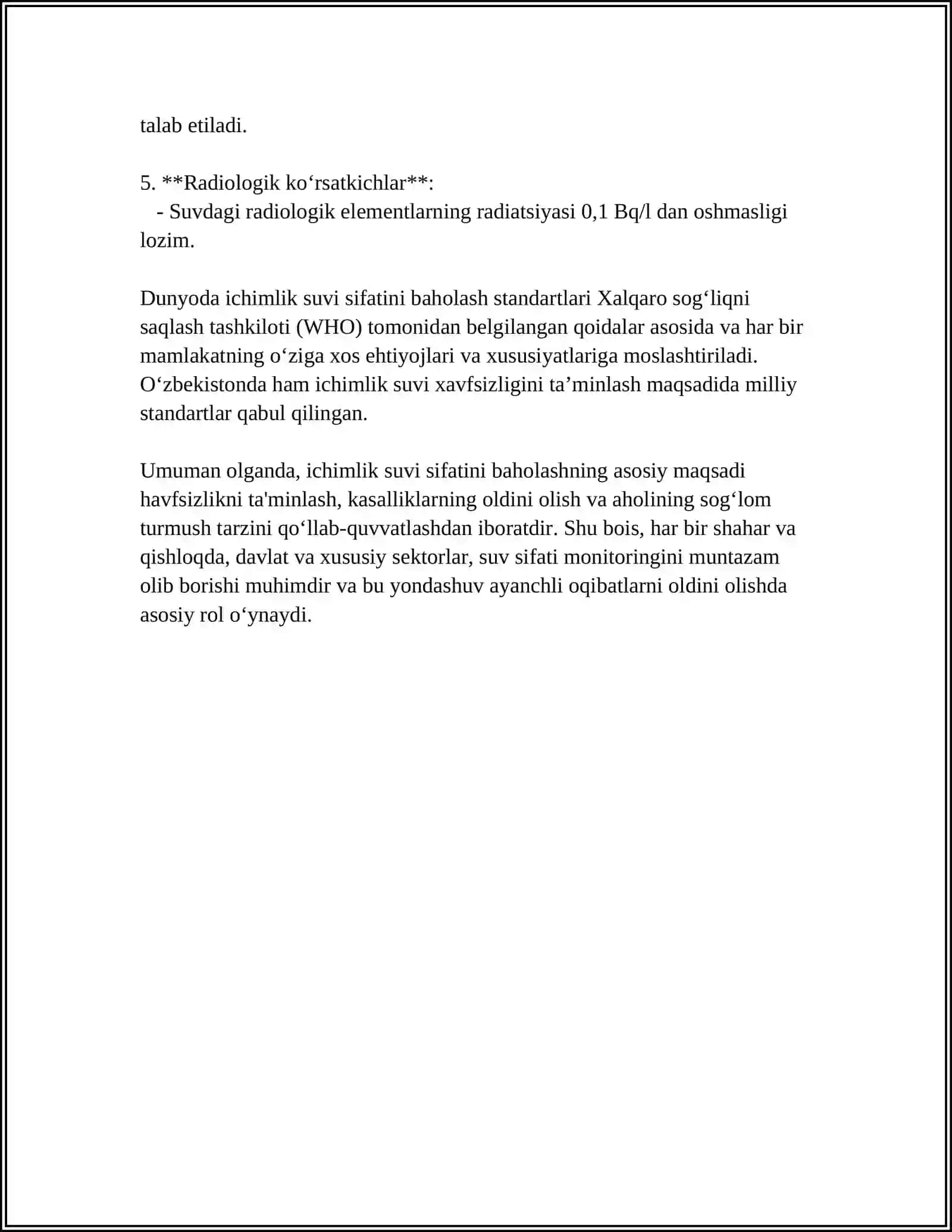 Ichimlik suvi sifatini baholash standartlari 4