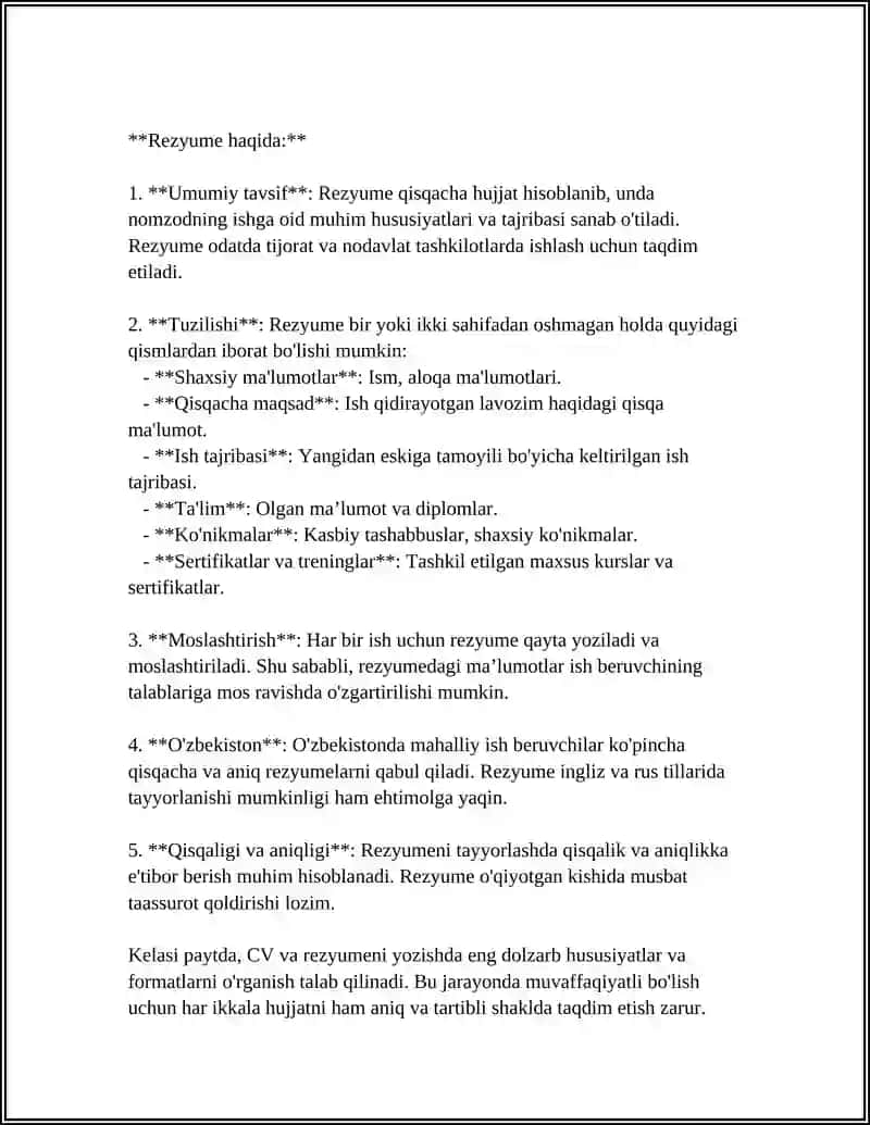 Tuzib berishda, CV va rezyume 4