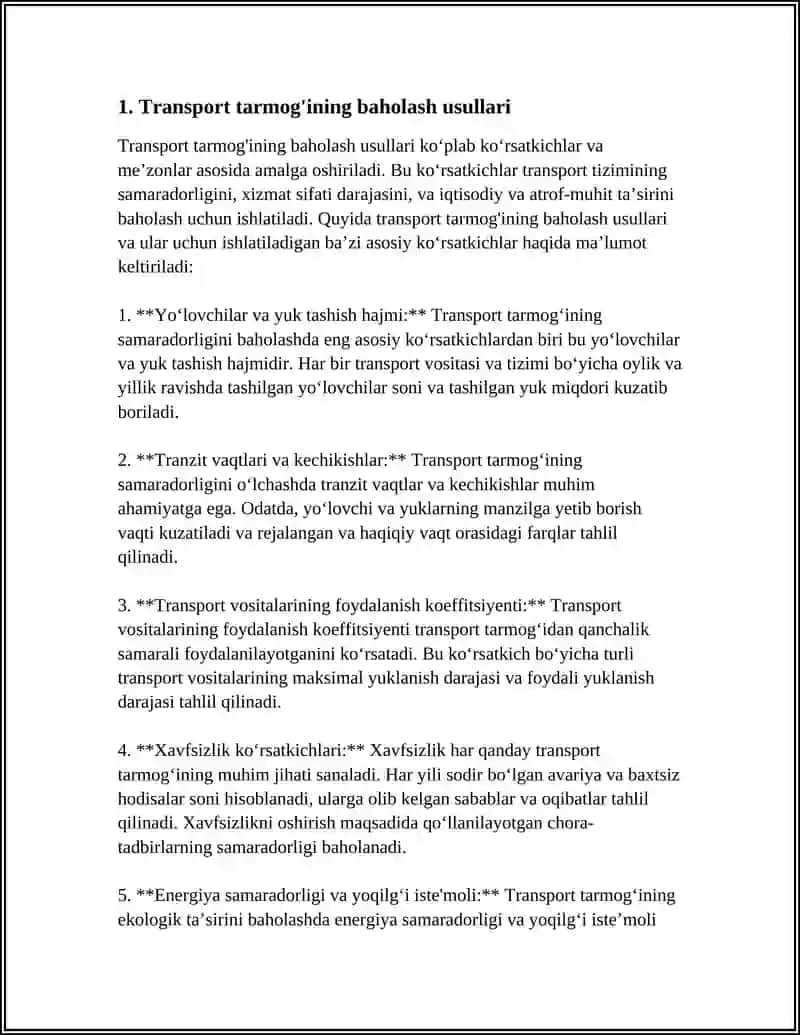 Transport tarmog'ining baholash usullari 4