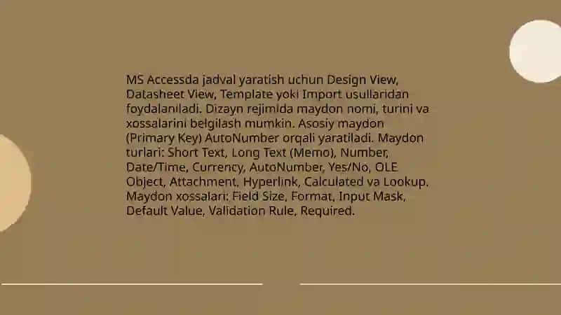 MS ACCESS MA`LUMOTLAT BAZASI BILAN ISHLASH 4