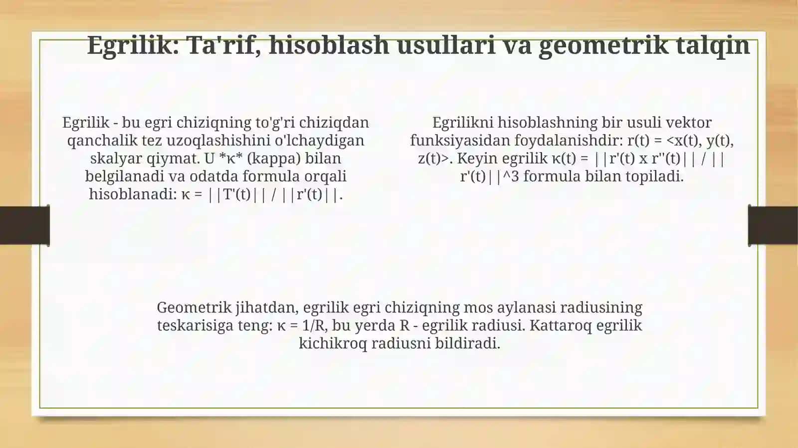 Egri chiziq egriligi, buralishi va ularni hisoblash 4