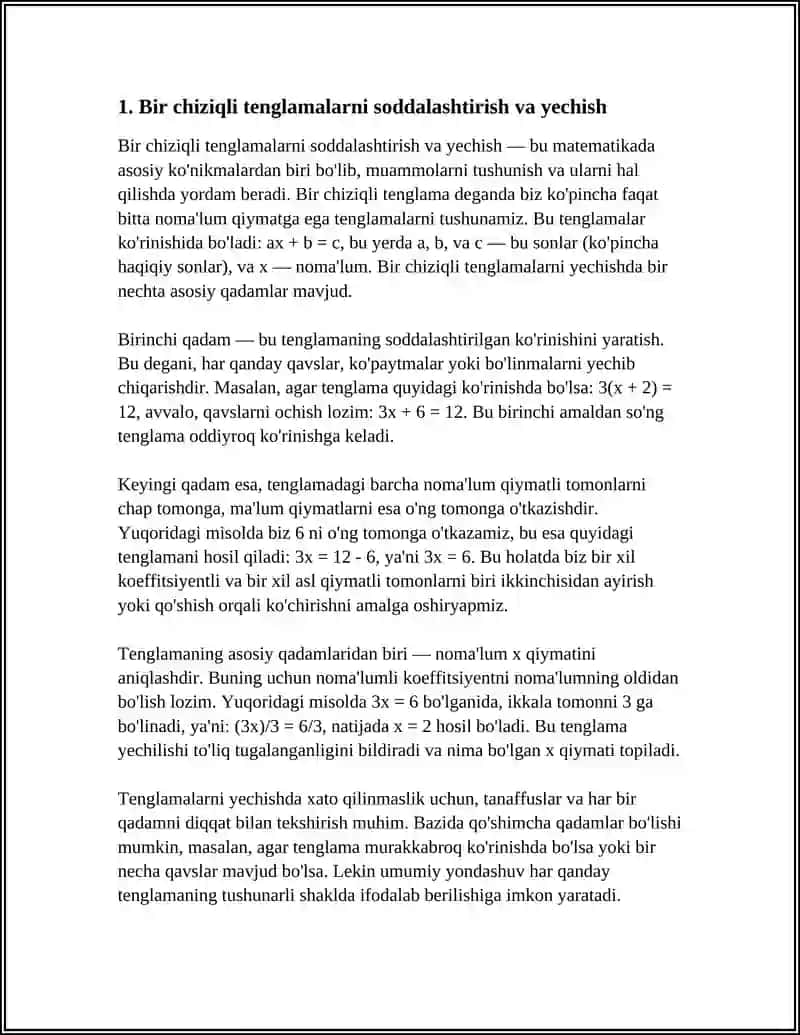 BIR CHIZIQLI VA KVADRATIK FORMALARGA OID MISOLLAR YECHISH 4