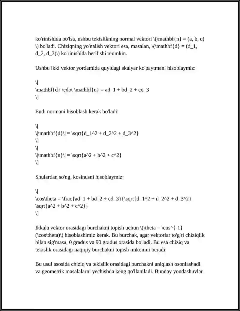 CHIZIQ VA TEKISLIK ORASIDAGI BURCHAK QANDAY TOPILADI 4