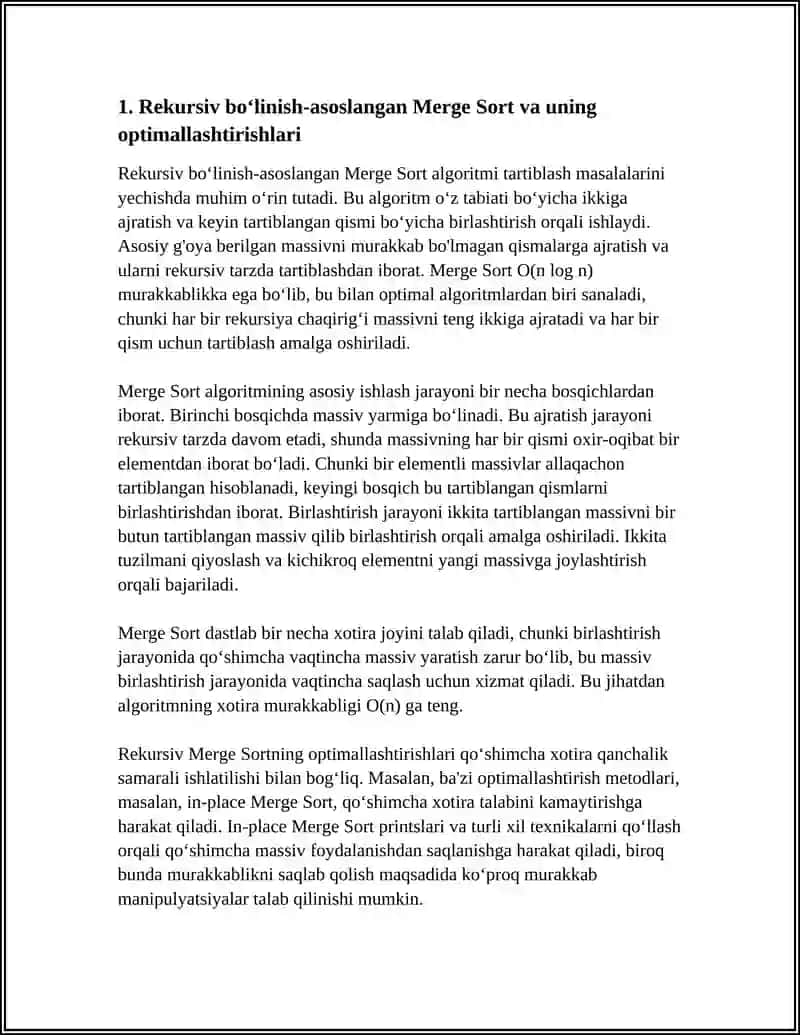 Rekursiv bo‘linish-asoslangan Merge Sort va uning optimallashtirishlari 4