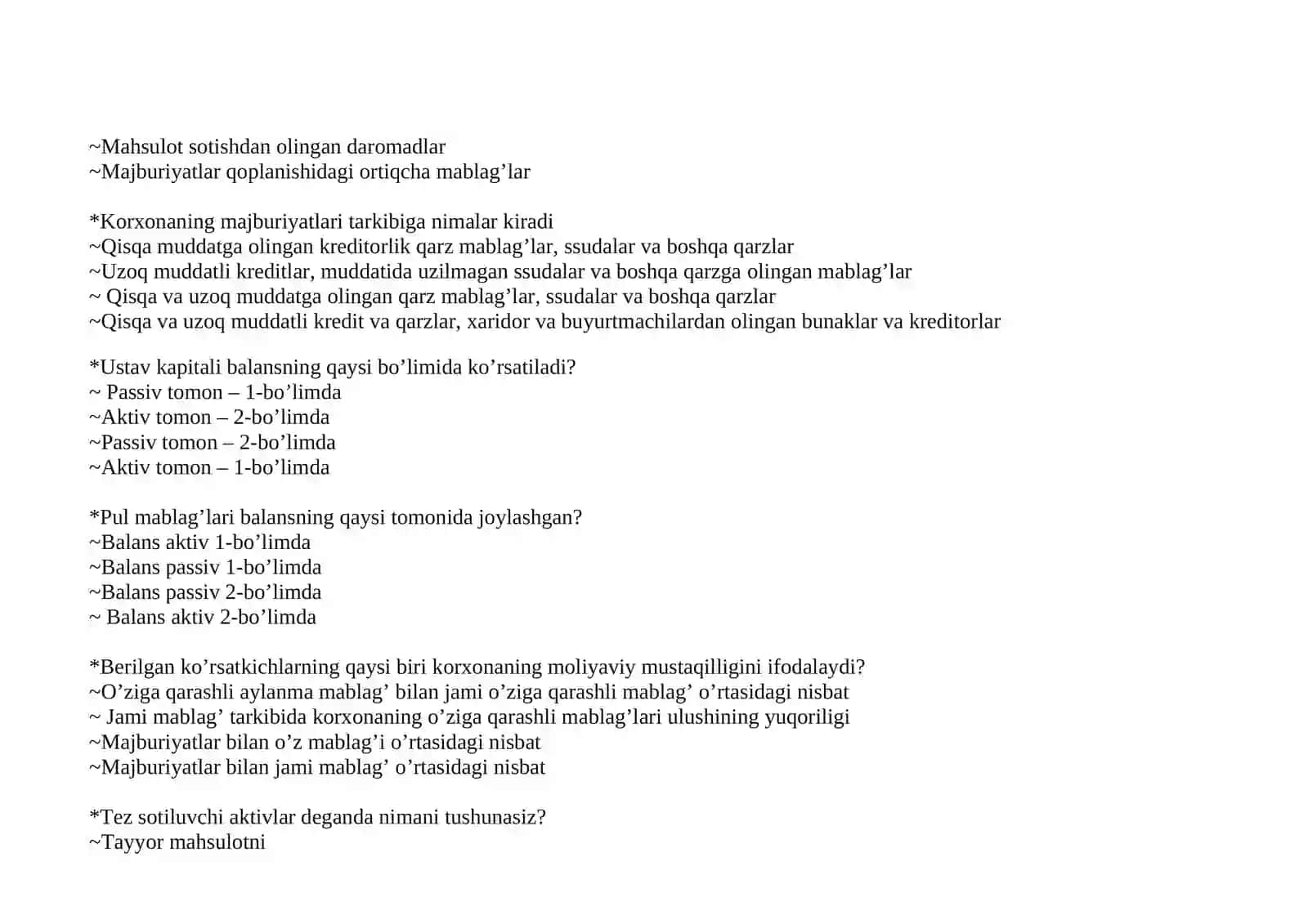 Moliyaviy tahlil fanidan test savollari 4