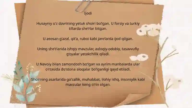 Husayniy hayoti va ijodi 4