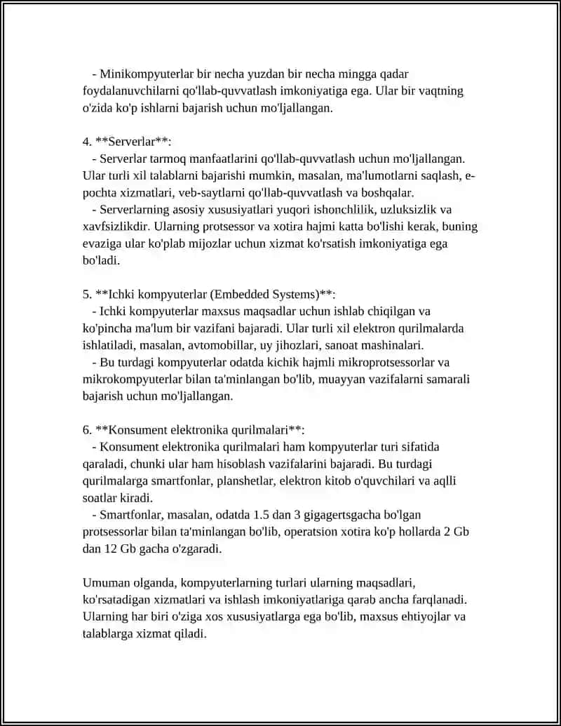 KOMPYUTERLARNING TURLARI, ASOSIY VA QO'SHIMCHA QURILMALARI 4
