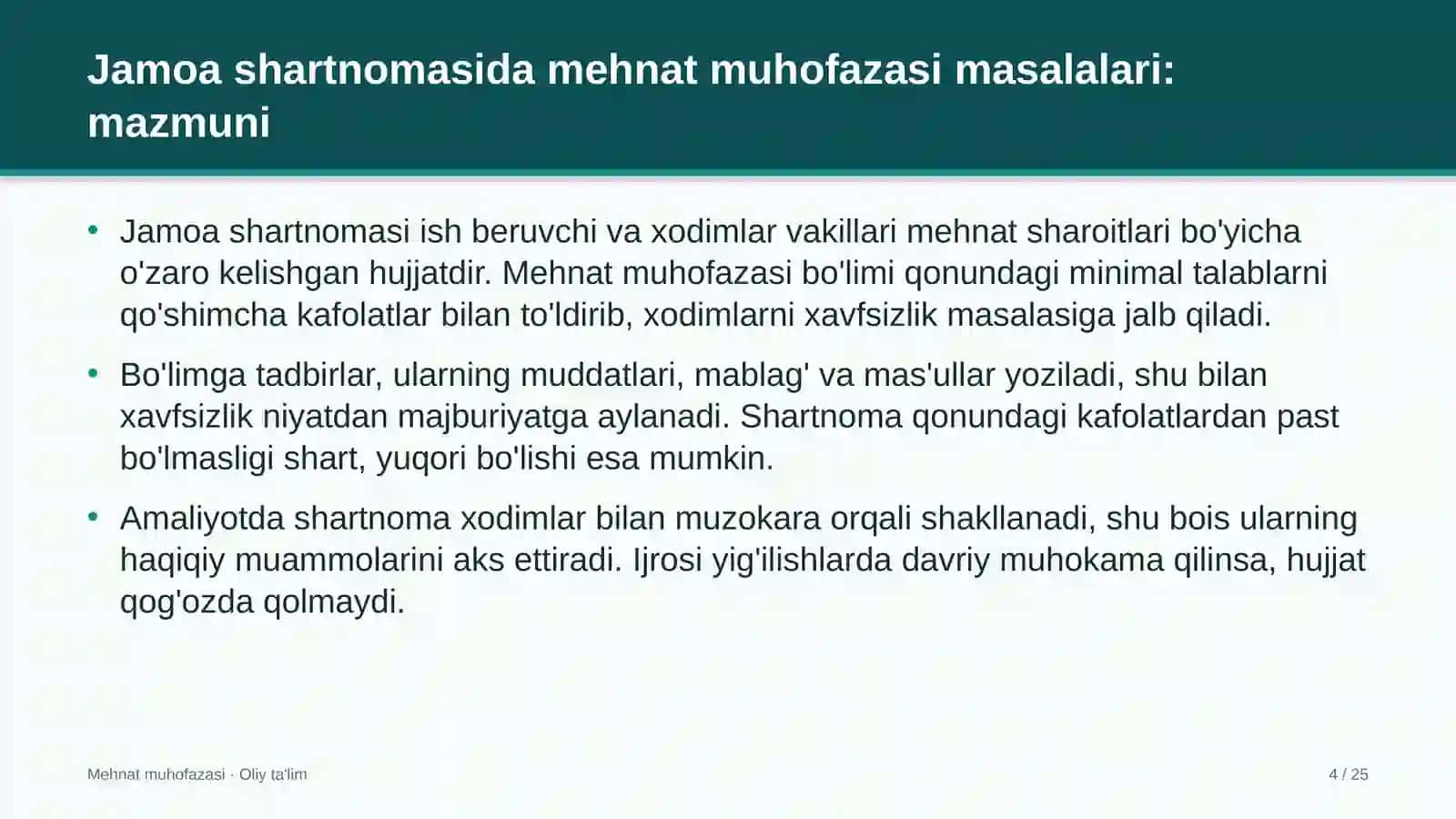 Baliqchilik xo'jaliklarida jamoa shartnomasida mehnat muhofazasi masalalari 4