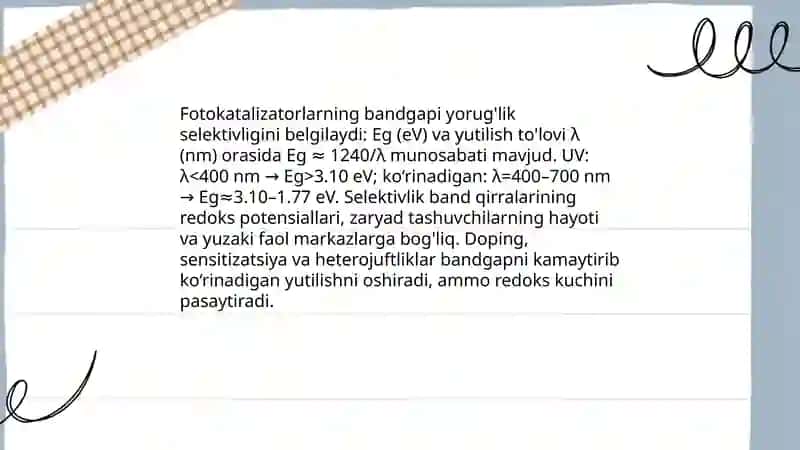 Fotokatalizatorlar va ularda taqiqlangan zona kengligi 4