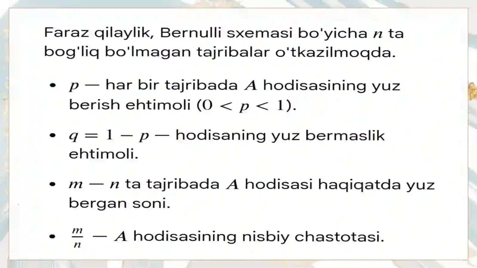 Nisbiy chastotaning oʻzgarmas ehtimollikdan chetlanishining ehtimolligi 4