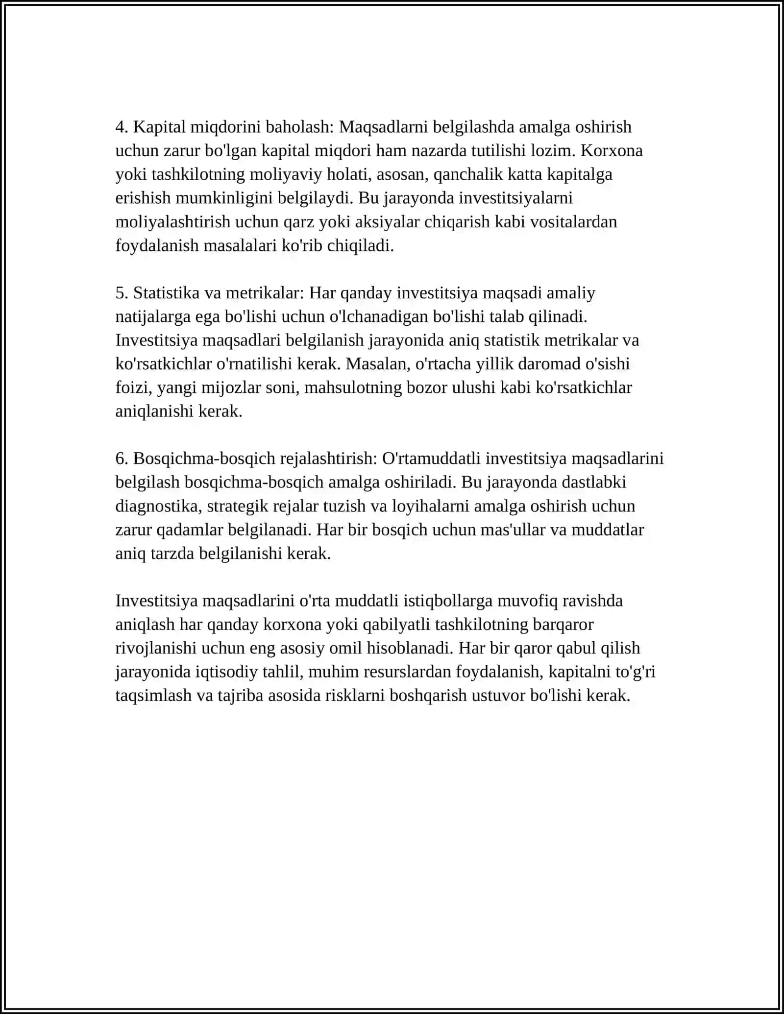 O'RTA MUDDATLI ISTIQBOLGA MO'LJALLANGAN INVESTITSIYA STRATEGIYASINI AMALGA OSHIRISH 4