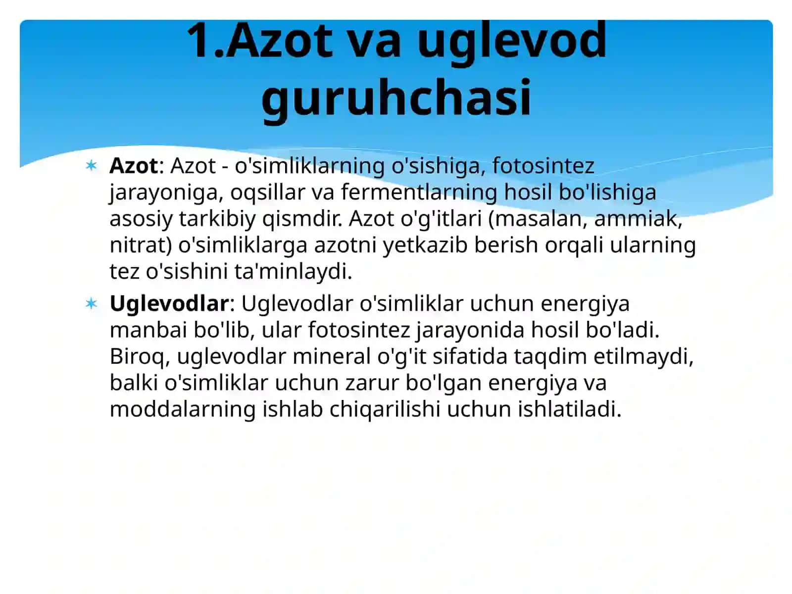 Azot va uglevod guruhchasi. Mineral o'g'itlar mavzusini o'qitish metodikasi. 4