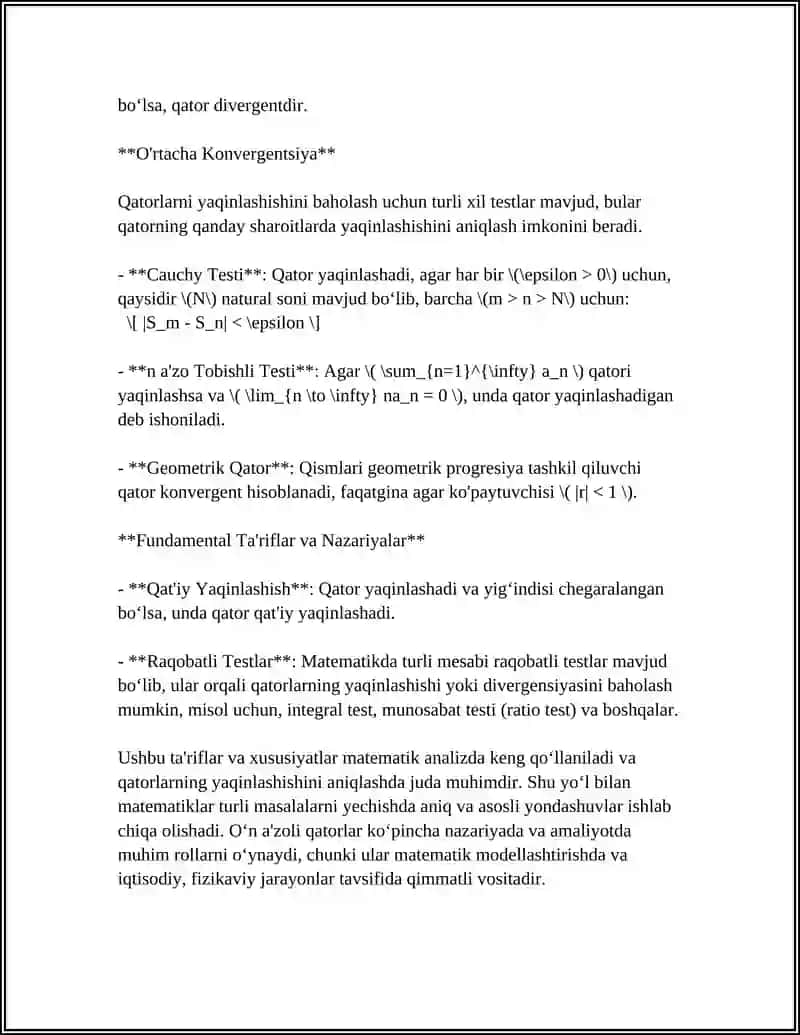 O‘n a'zoli qatorlarning yaqinlashishi (Matematikadan) 4