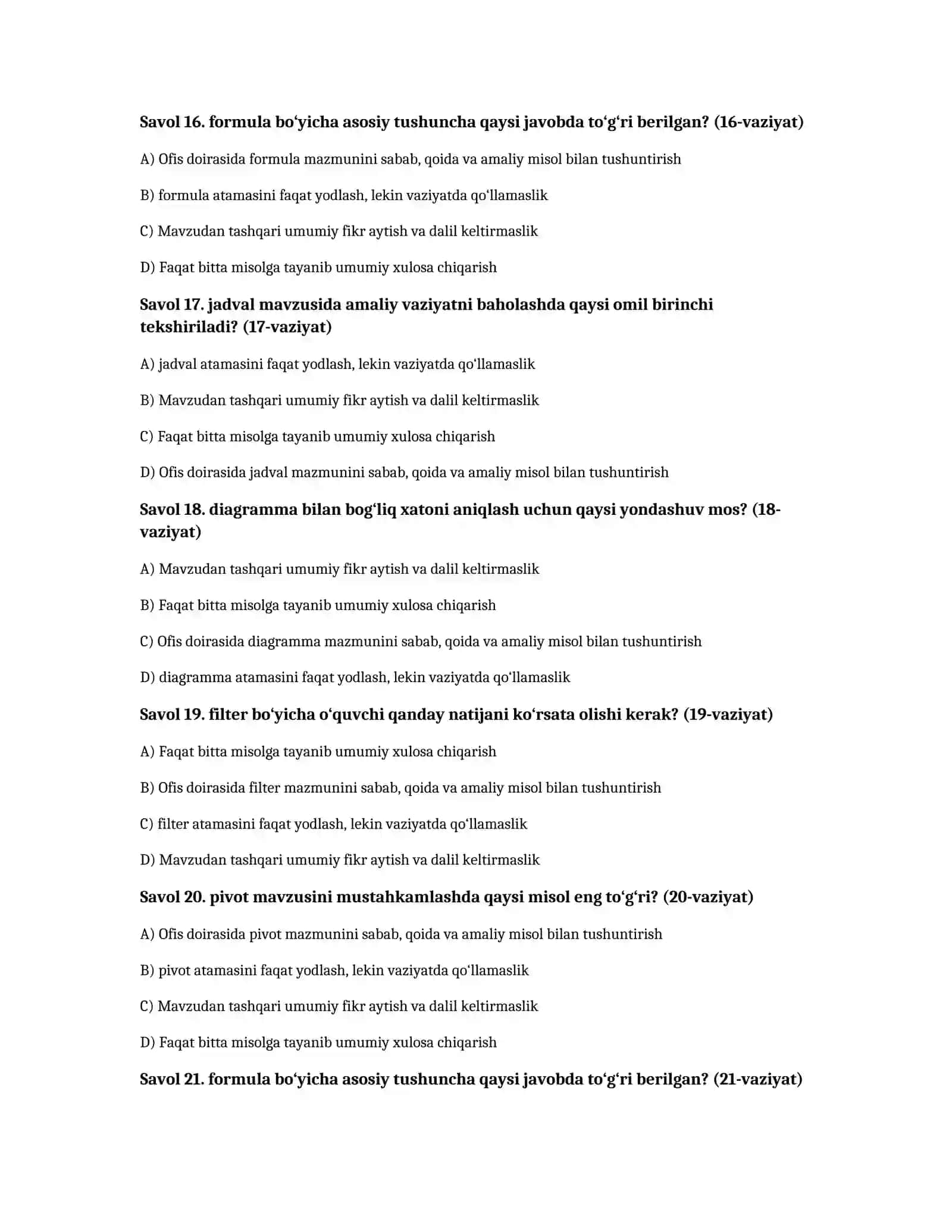 Excel bilan ma’lumotlar tahlili — 100 test 4