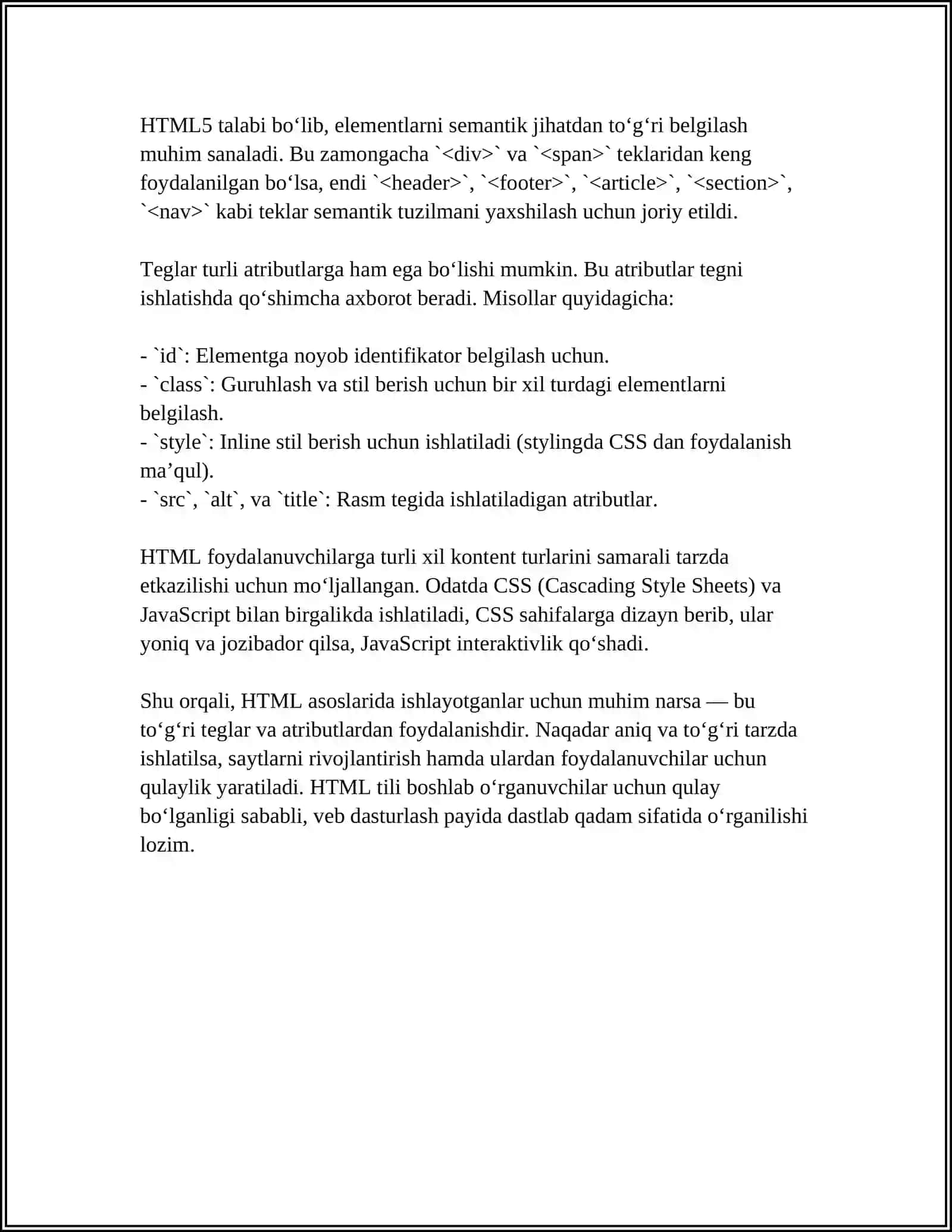 HTML TILIGA KIRISH UNING ASOSIY ELEMENTLARI.TEG TUSHUNCHASI 4