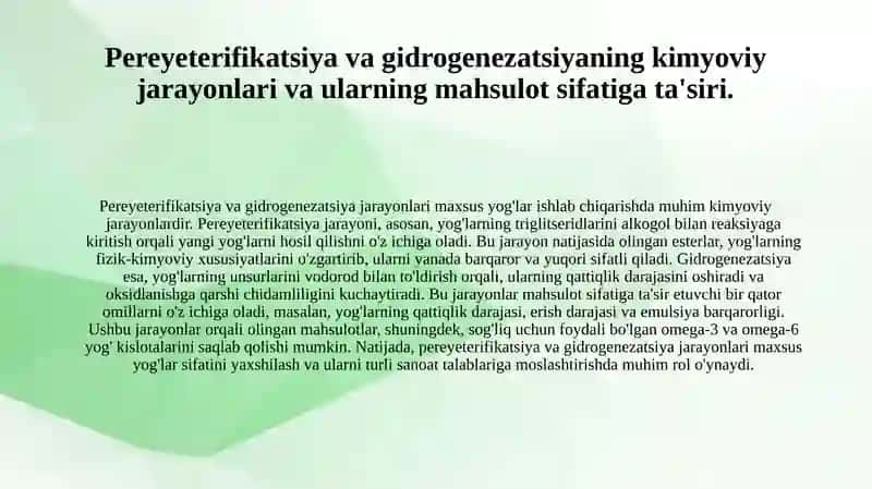 Maxsus yog'lar ishlab chiqarishda pereyeterifikatsiya va gidrogenezatsiya 4