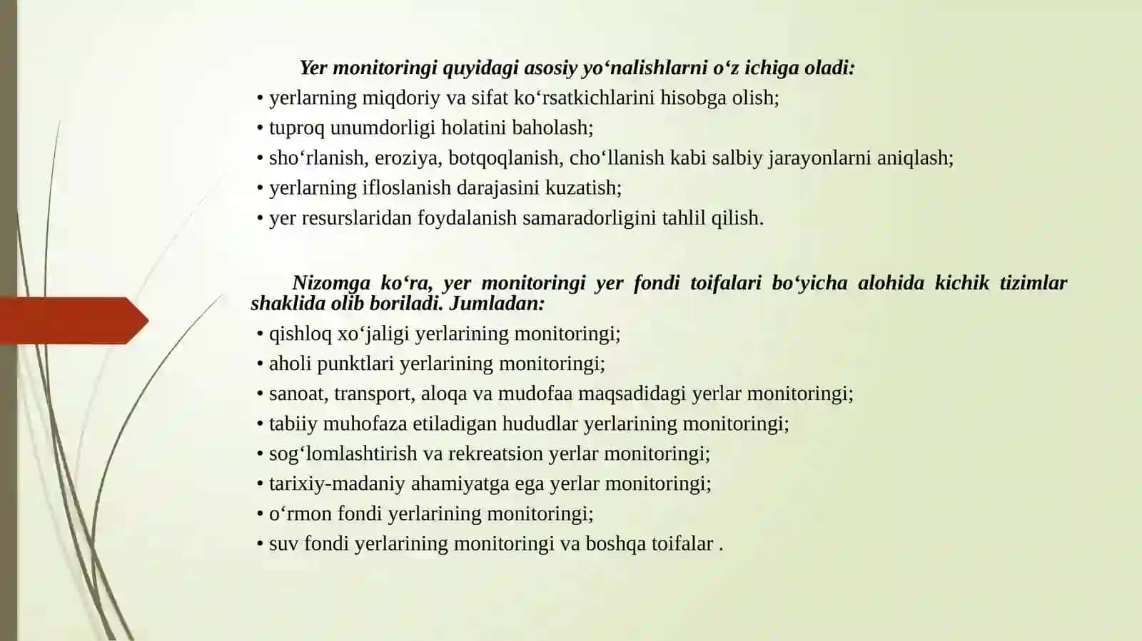 Yer monitoringi haqida O‘zbekiston Respublikasi Vazirlar Mahkamasi qarorlari, qonunlari va farmonlari bilan tanishish. 4