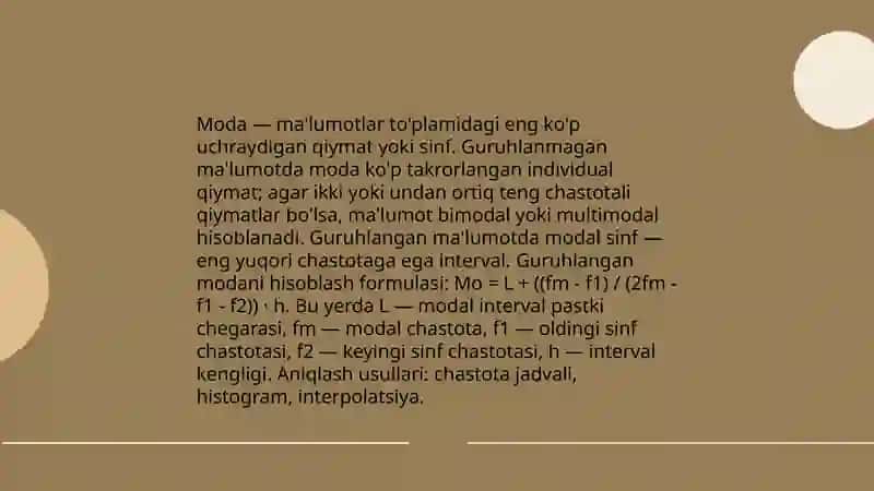 O'rta qiymat, moda va mediana. Chetlashish,standart chetlashish 4