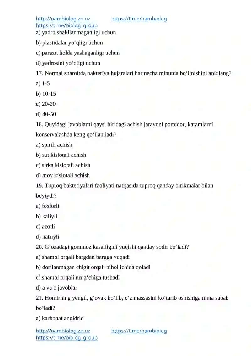 Biologiya test savollar to'plami 4