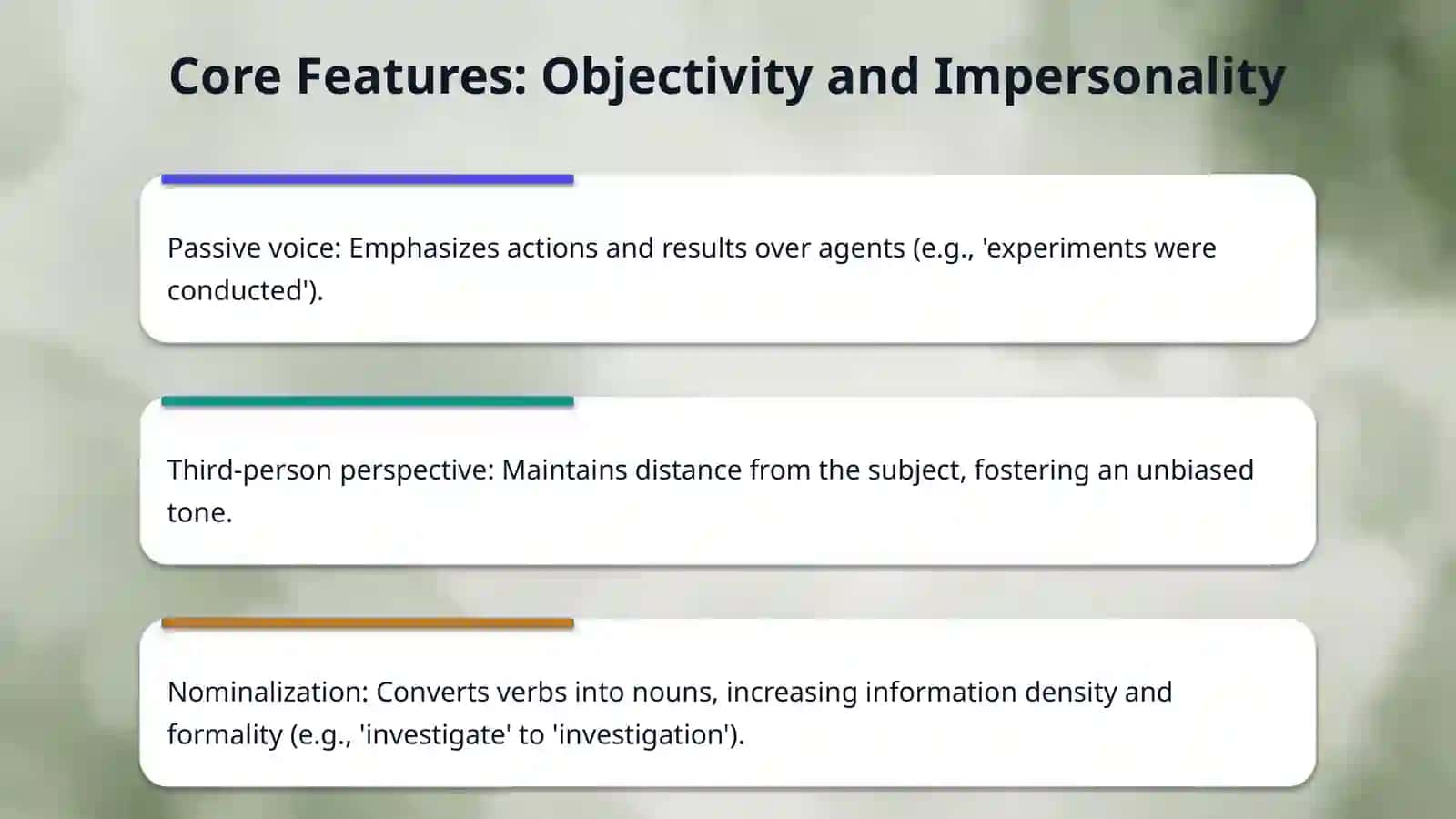 Highlight the importance of scintific Style Linguistic Features and Functions in a short presentation 4