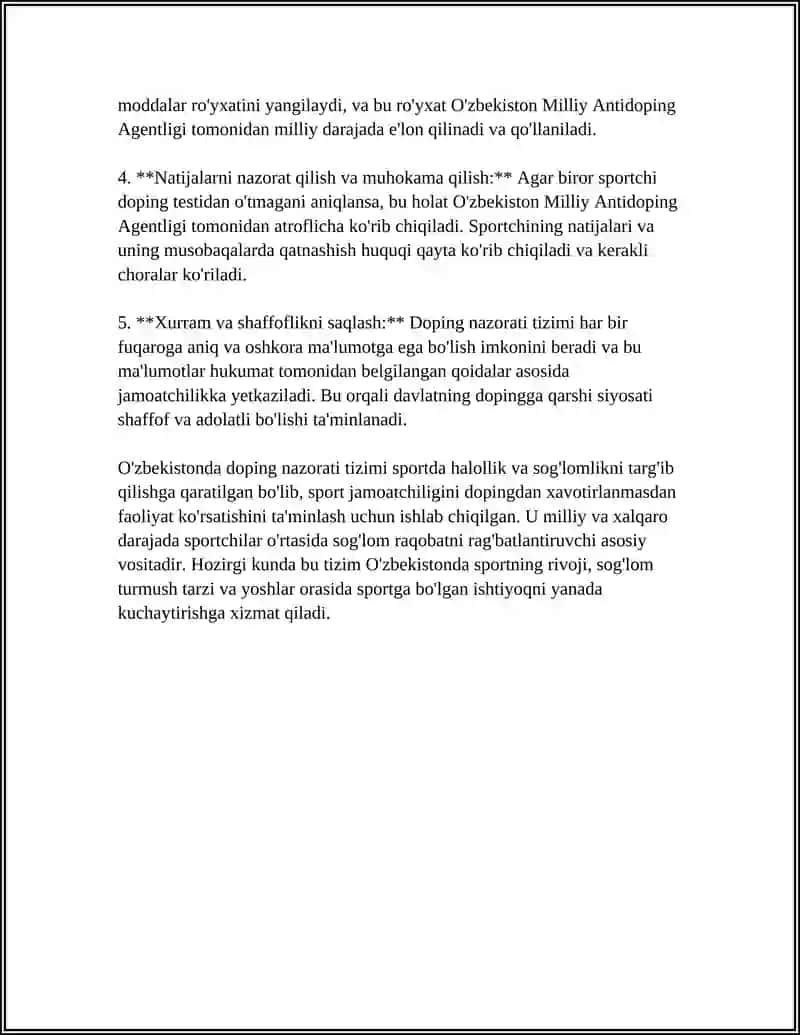 O‘ZBEKISTONDA DOPING NAZORATI.DOPING GURUHIGA KIRUVCHI MODDALAR TAHLILI 4