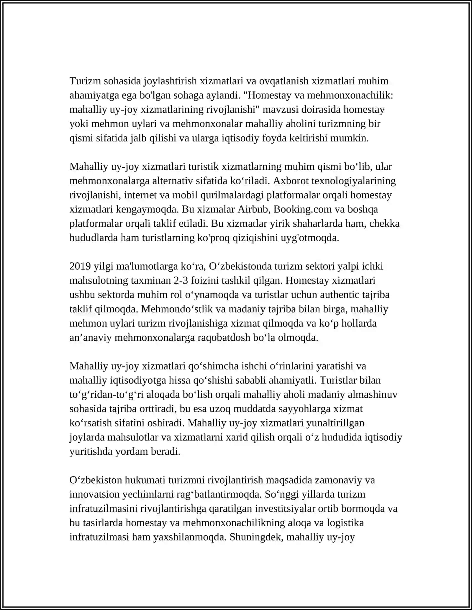 TURIZM SOHASIDA JOYLASHTIRISH XIZMATLARI VA TURIZM SOHASIDA OVQATLANTIRISH XIZMATLARI 4