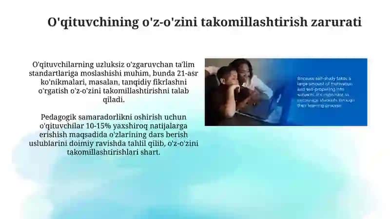 O'qituvchining o'zustida ishlash va o'zini baholash usullari 4