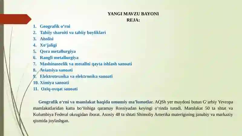 Amerika qo'shma shtatlari AQSH dars ishlanma 4