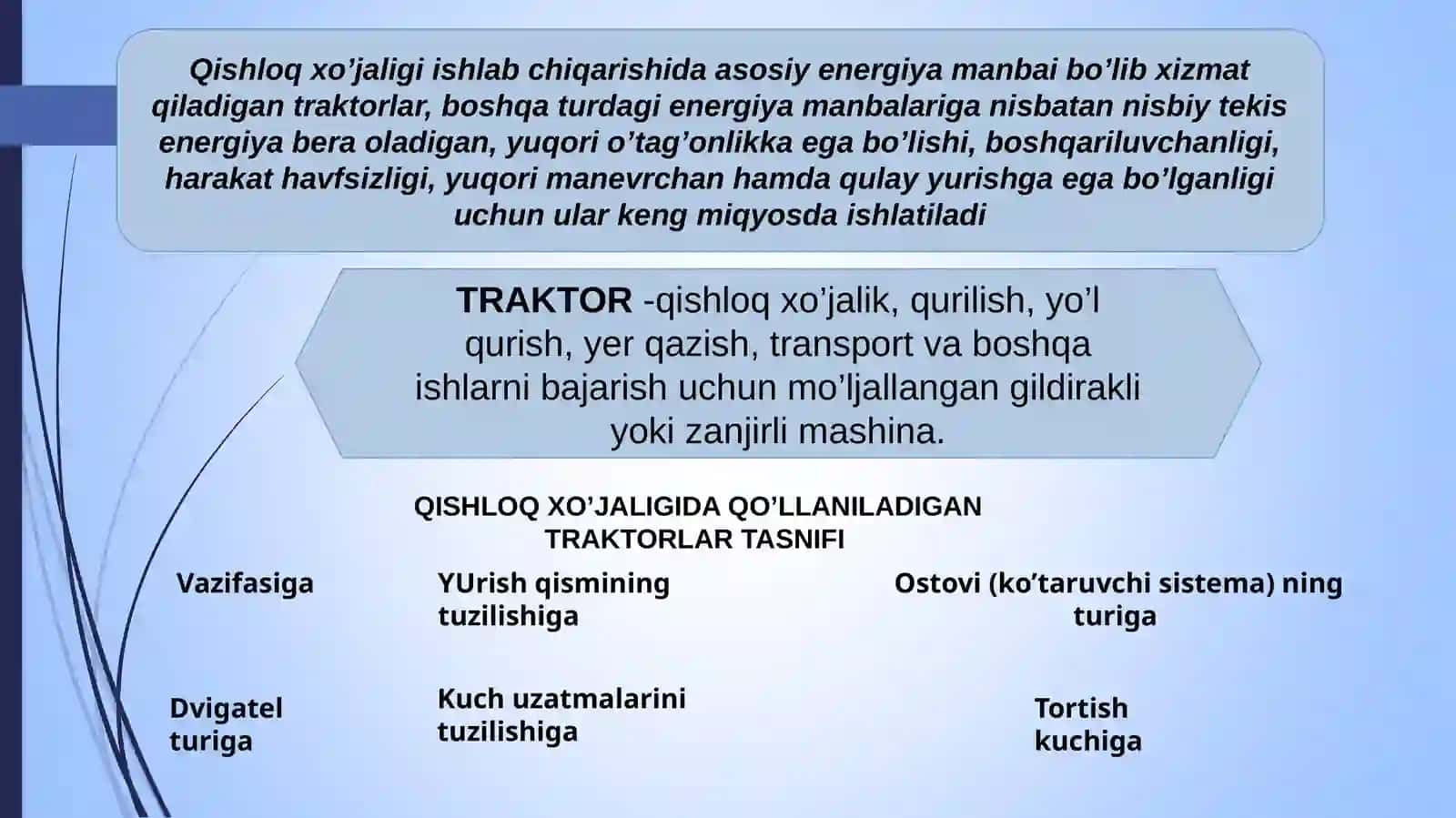 TRAKTOR VA AVTOMOBILLARNING TASNIFIVA ASOSIY QISMLARI.ICHKI YONUVDVIGATELLARI 4