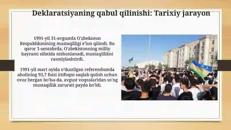 O'zbekiston Davlat mustaqilligining e'lon qilinishi va tarixiy axamiyati 4