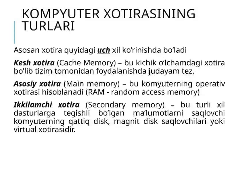OPERATSION TIZIMLARDA XOTIRANI BOSHQARISH. XOTIRA TURLARI 4