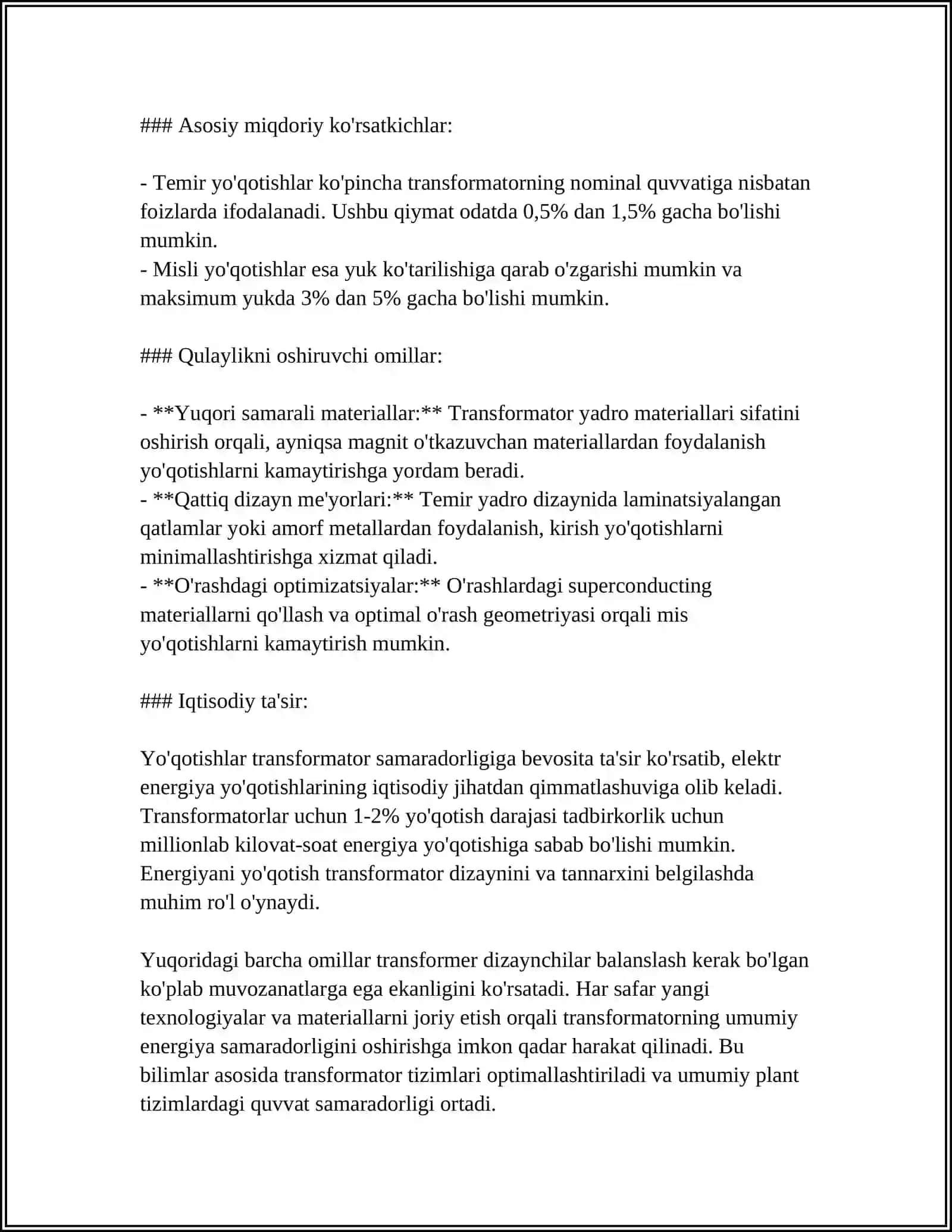 MUSTAQIL ISH Mavzu: TRANSFORMATORDA KUCHLARNING YO'QOLISHI 4
