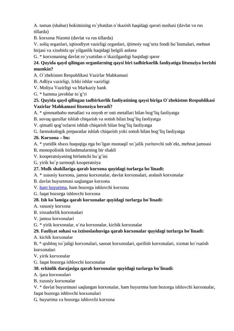 Test savollari biznes va iqtisodiyot 4