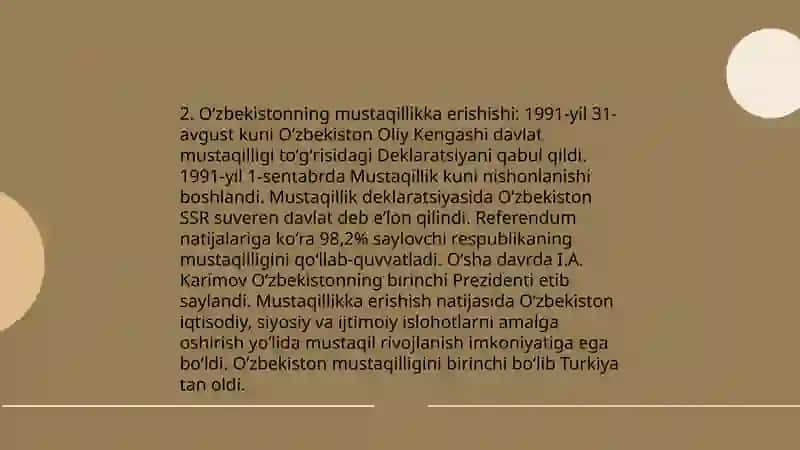 Mustaqil Oʻzbekiston respublikasining tashkil topishi va uning tarixiy ahamiyati 4